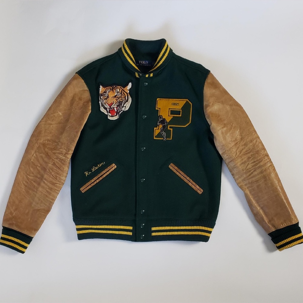 Polo Ralph Lauren Green Wool & Brown Leather Letterman Varsity Jacket RL Tiger